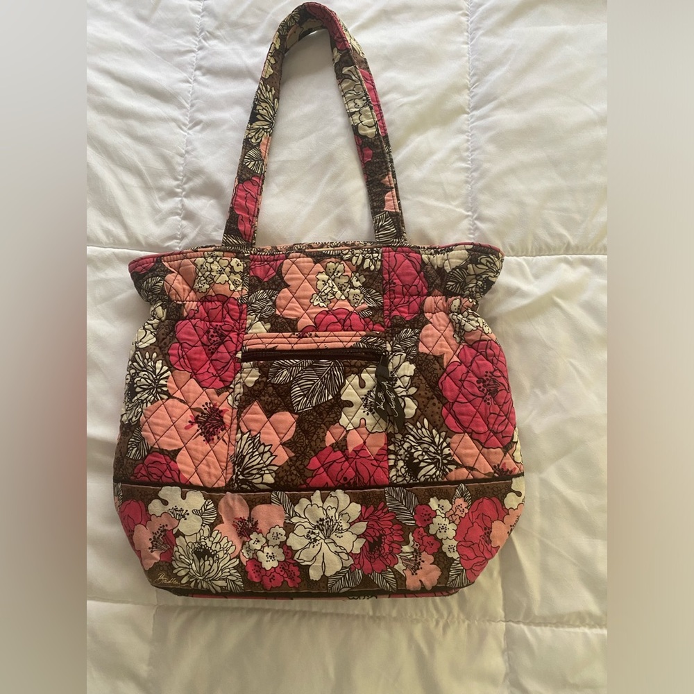 Vera Bradley retired mocha rouge shoulder bag pink, brown, white floral pattern - Picture 1 of 16